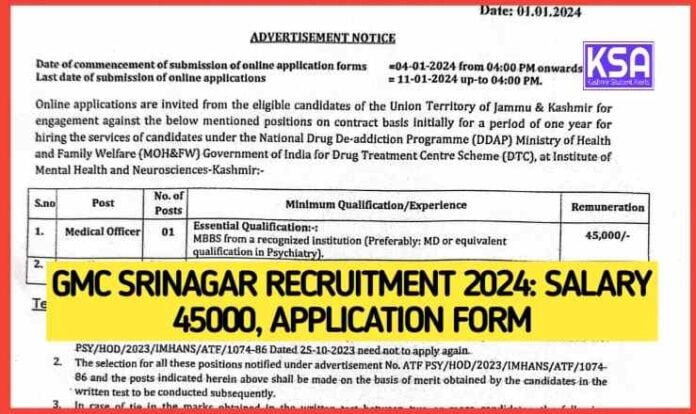 GMC Srinagar Recruitment 2024: Salary 45000, Vacancy, Eligibility, Application form