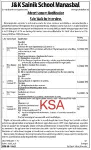 J&K Sainik School Manasbal Recruitment 2024, Salary 25000, Vacancy, Eligibility