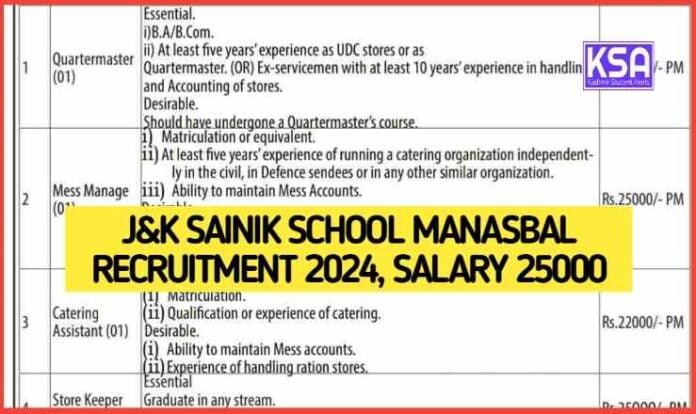 J&K Sainik School Manasbal Recruitment 2024, Salary 25000, Vacancy, Eligibility