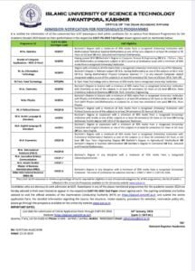 IUST Admission Notification for Postgraduate Programs