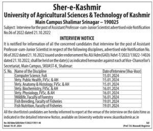 SKUAST Recruitment 2024 for Assistant Professor-cum-Junior Scientist posts