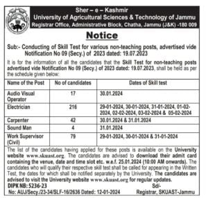 SKUAST Recruitment 2024 for various non-teaching posts
