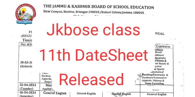 JKBOSE Class 11th Date Sheet 2024 Released Download 11th Time table 2024