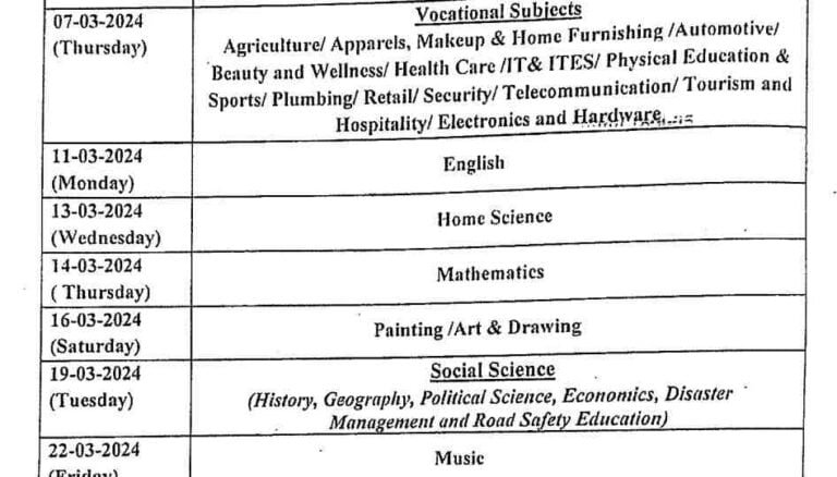 JKBOSE Class 10th Date Sheet 2024 Released Download 10th Time table 2024
