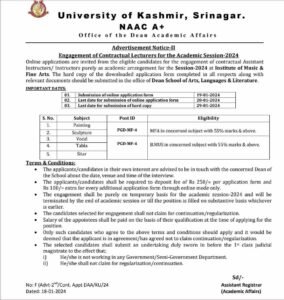 University of Kashmir Invites Applications for Contractual Lecturers for the Academic Session 2024