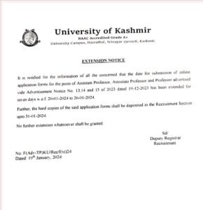 University of Kashmir Recruitment 2024 for assistant professor, associate professor, and professor posts