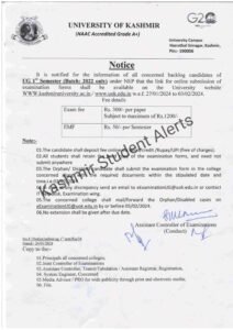KU Online Examination Form Submission for UG 1 Semester Backlog Candidates (Batch 2022)