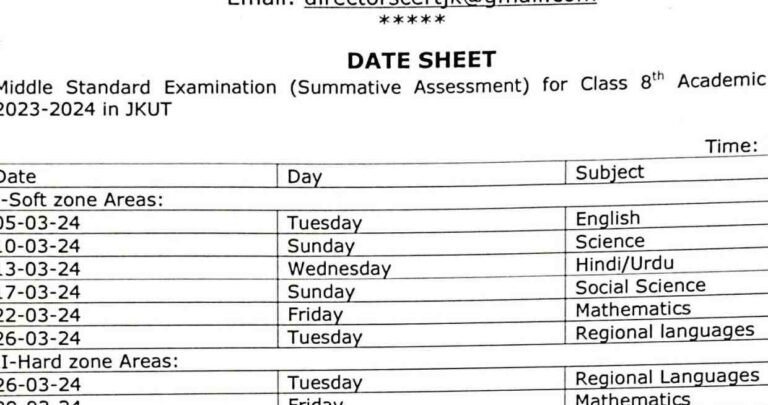 JKBOSE Class 8th Date Sheet 2024 Released Download 8th Timetable