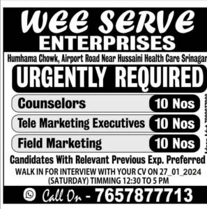 WEE Serve Enterprises Recruitment 2024 for Field Marketing, Counselors & Marketing Executives Posts 1 WEE Serve Enterprises Recruitment 2024 for Field Marketing, Counselors & Marketing Executives Pots