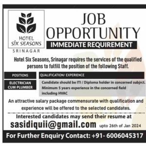 Electrician cum Plumber Jobs at Hotel Six Seasons, Check Eligibility, Salary, How to Apply