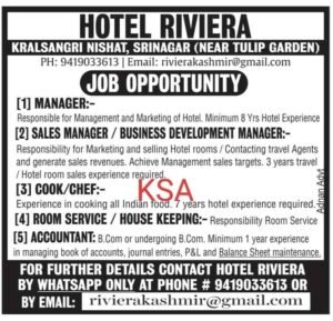 Hotel Riviera Srinagar Jobs for Accountant, Room Service, Cook, Manager and other posts 1 Hotel Riviera Srinagar Jobs for Accountant, Room Service, Cook, Manager and other posts