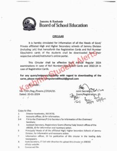 JKBOSE Circular regarding downloading of RR Cards & Roll No Slips/Admit card for class 10th 11th 12th