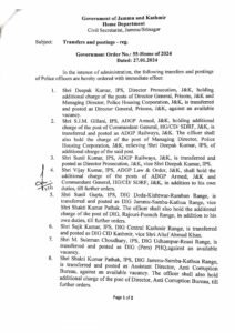 Major reshuffle in J&K Police: 59 SSPs / SPs transferred, 10 Districts get new SSPs, 4 new DIGs. 