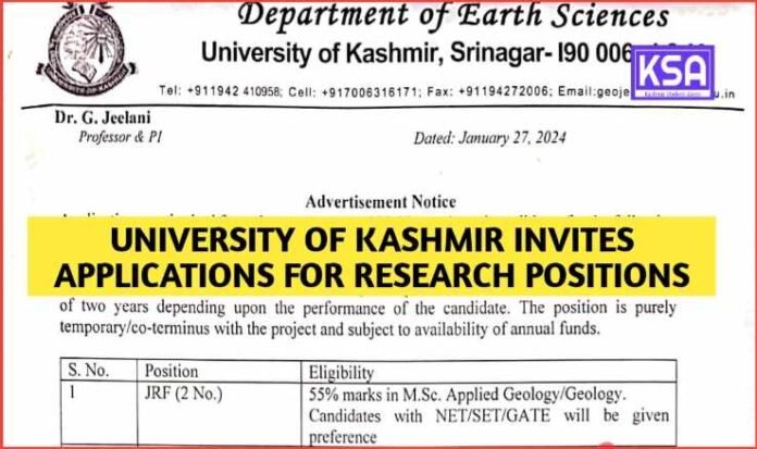 University of Kashmir Invites Applications for Research Positions