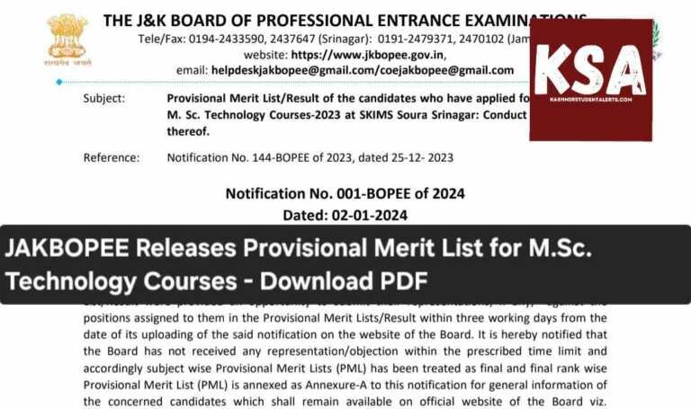JKBOPEE Announces Provisional Merit List for M.Sc Technology Admissions 2023 – Check Your Rank Now