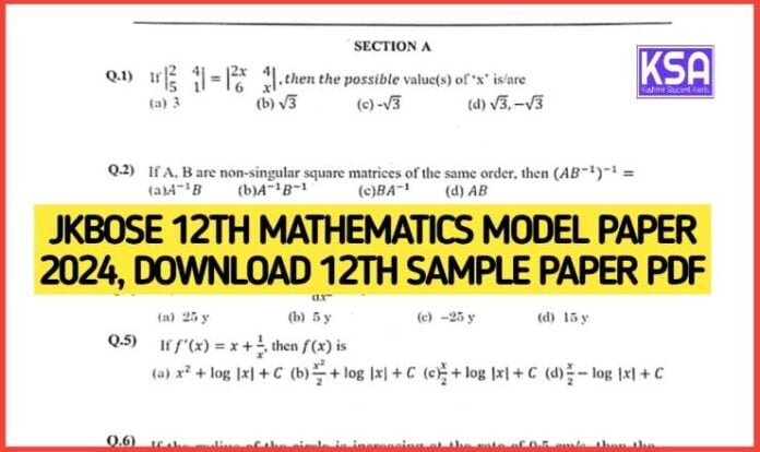 JKBOSE 12th Mathematics Model Paper 2024, Download 12th Sample Paper PDF