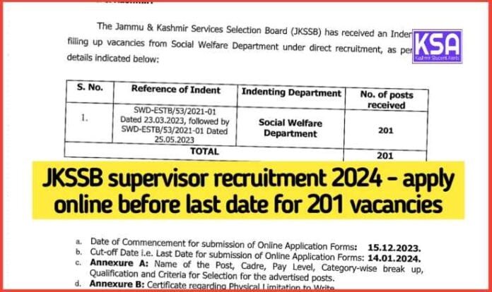 JKSSB Supervisor Recruitment 2024 - Apply Online Before Last Date for 201 Vacancies