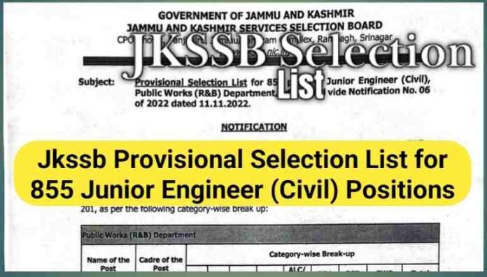 JKSSB Selection List for 855 Junior Engineer Posts Released Download pdf