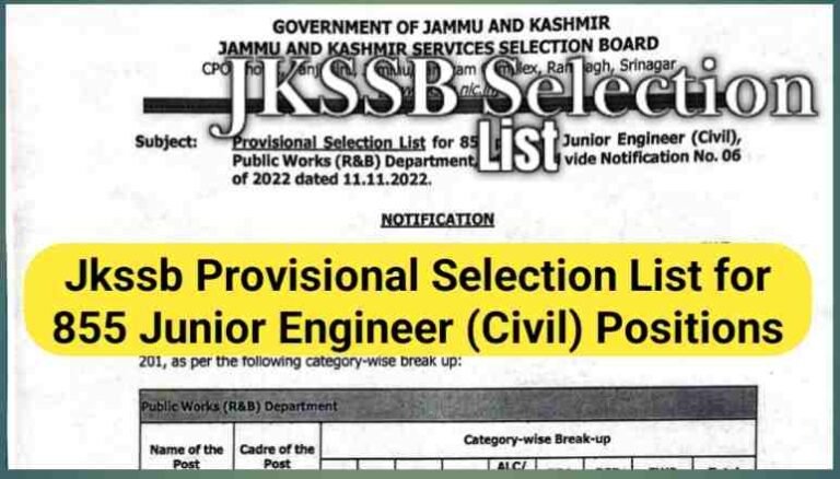 JKSSB Selection List for 855 Junior Engineer Posts Released Download pdf