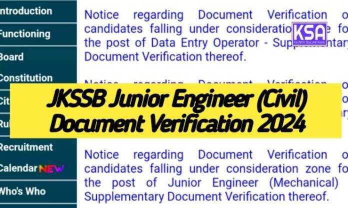 JKSSB Junior Engineer (Civil) Document Verification 2024