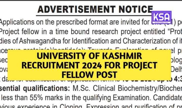 University of Kashmir Recruitment 2024 for Project fellow post