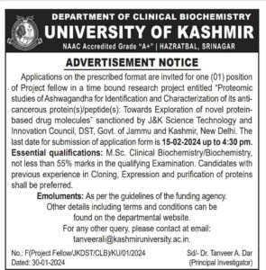 University of Kashmir Recruitment 2024 for Project fellow post