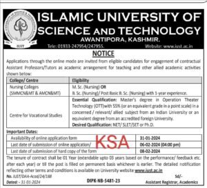 IUST Kashmir Recruitment 2024 for contractual assistant professors and tutors posts 
