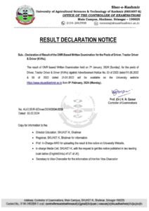 SKUAST Declaration of Result for the Posts of Driver/Tractor Driver & KVK Drivers 4 JKBOSE Declaration of Result for the Posts of Driver/Tractor Driver & KVK Drivers