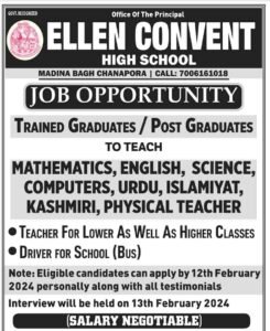 Ellen Convent High School Recruitment 2024 for various teaching positions and a bus driver