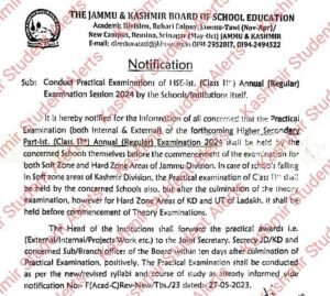 JKBOSE Class 11th Practical Exam Notification Annual Regular 2024