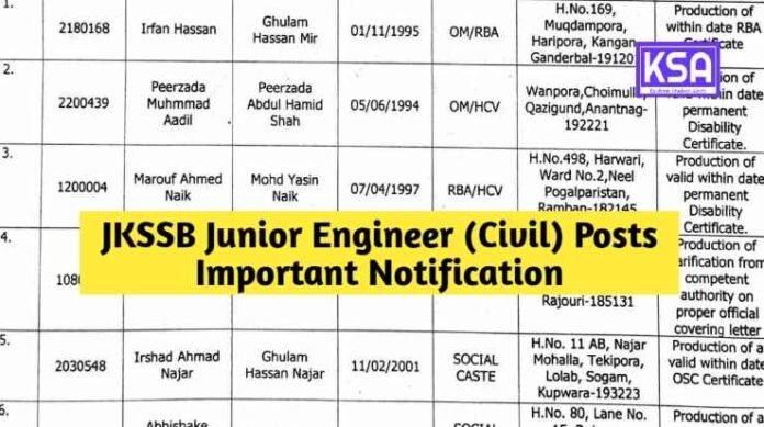 JKSSB Junior Engineer (Civil) Posts Important Notification