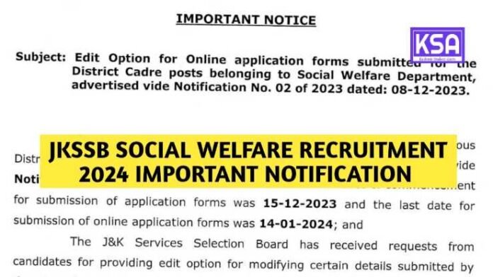 JKSSB Social Welfare Recruitment 2024 Important Notification