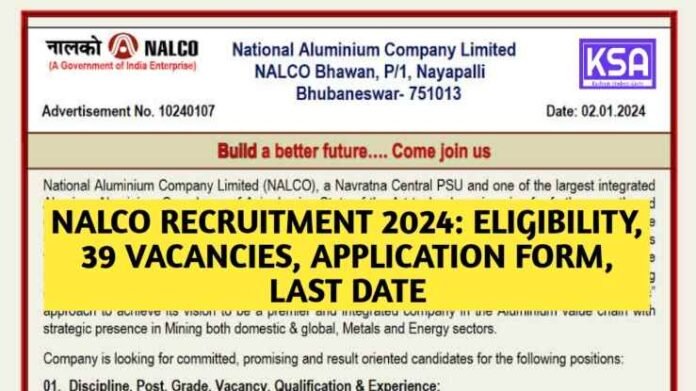NALCO Recruitment 2024: Eligibility, 39 Vacancies, Application form, Last Date