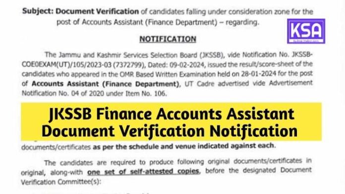JKSSB Finance Accounts Assistant Document Verification Notification