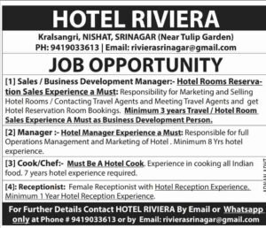 Hotel Riviera Srinagar Recruitment 2024 Apply for various vacancies