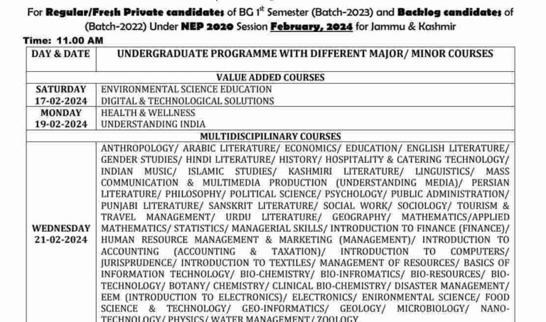 University of Kashmir Releases Revised Date Sheet for BG 1st Semester