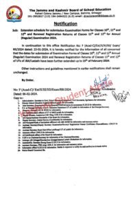 JKBOSE Important Notification for classes 10, 11 and 12 Annual Regular 2024