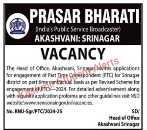 Prasar Bharati Akashvani Srinagar Recruiting Part-Time Correspondents