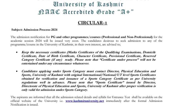University of Kashmir announces admission process for 2024