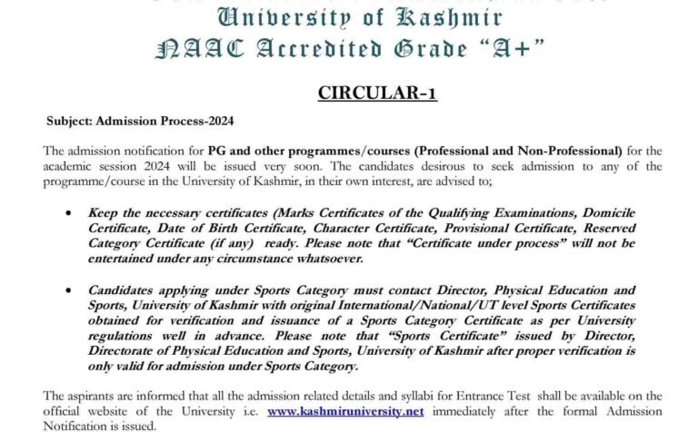 University of Kashmir announces admission process for 2024