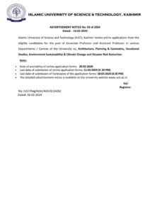 IUST Kashmir is inviting applications for the posts of associate professor and assistant professor