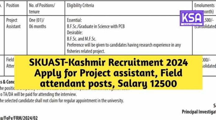SKUAST-Kashmir Recruitment 2024 Apply for project assistant, field attendant posts