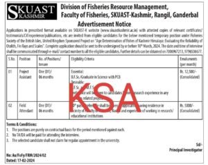 SKUAST-Kashmir Recruitment 2024 Apply for Project assistant, Field attendant posts, Salary 12500