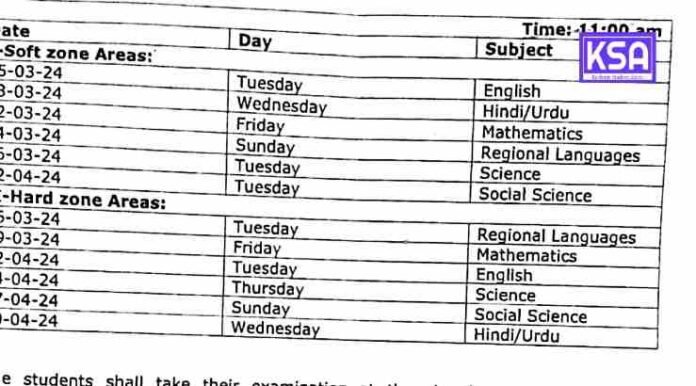 JKSCERT Revised 8th Class Date Sheet 2024 (Soft & Hard Zones)
