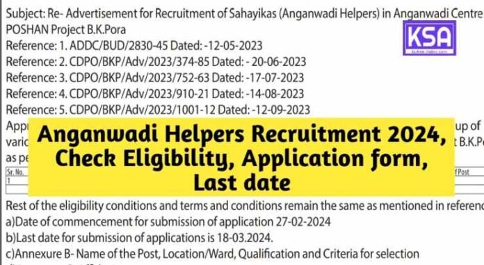 Anganwadi Helpers Recruitment 2024, Check Eligibility, Application form, Last date