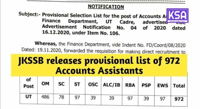 JKSSB releases provisional list of 972 Accounts Assistants