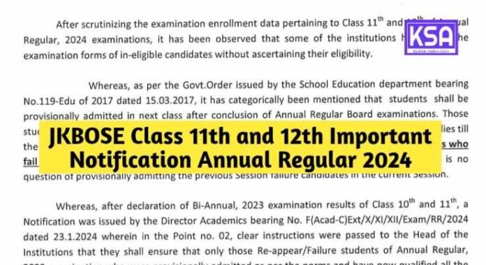 JKBOSE Class 11th and 12th Important Notification Annual Regular 2024