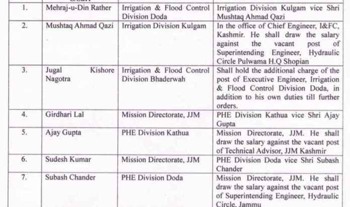 Transfers and postings of Executive Engineers (Civil/Mechanical) in Jal Shakti Department