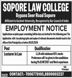 Sopore Law College Invites Applications for Lecturer Post 1 Sopore Law College Invites Applications for Lecturer Post
