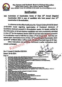 JKBOSE Important update for 12th Class students Annual Regular 2024